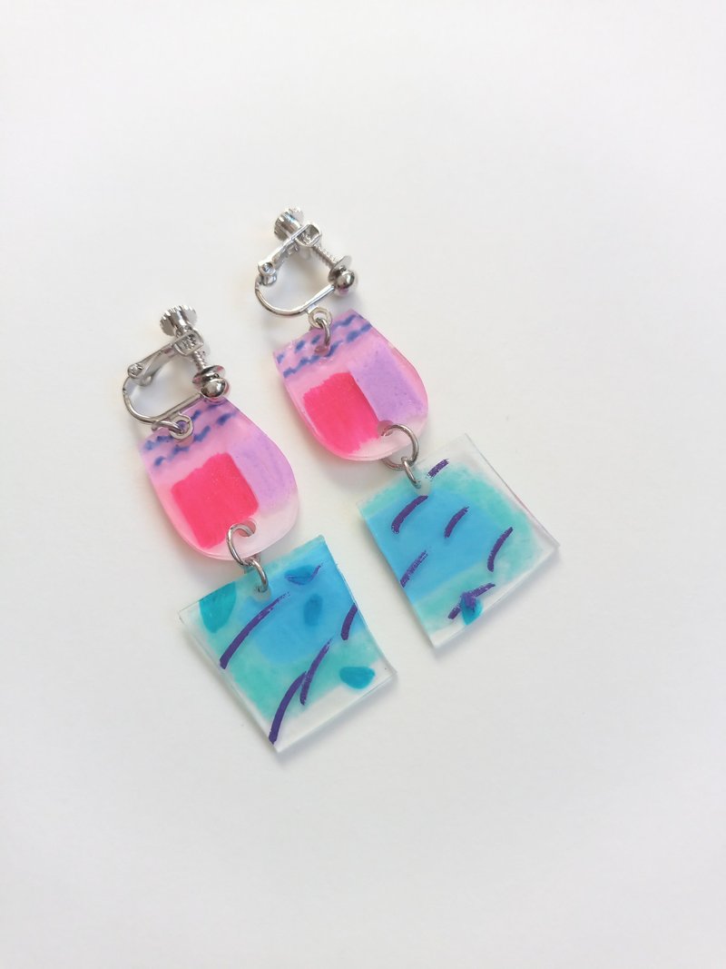 Double Clip-On Colorful One-of-a-kind hand-painted earrings can be exchanged - Earrings & Clip-ons - Plastic Blue