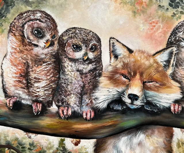 フクロウのキャンバス絵画、キツネの壁アート、アクリルアート、動物