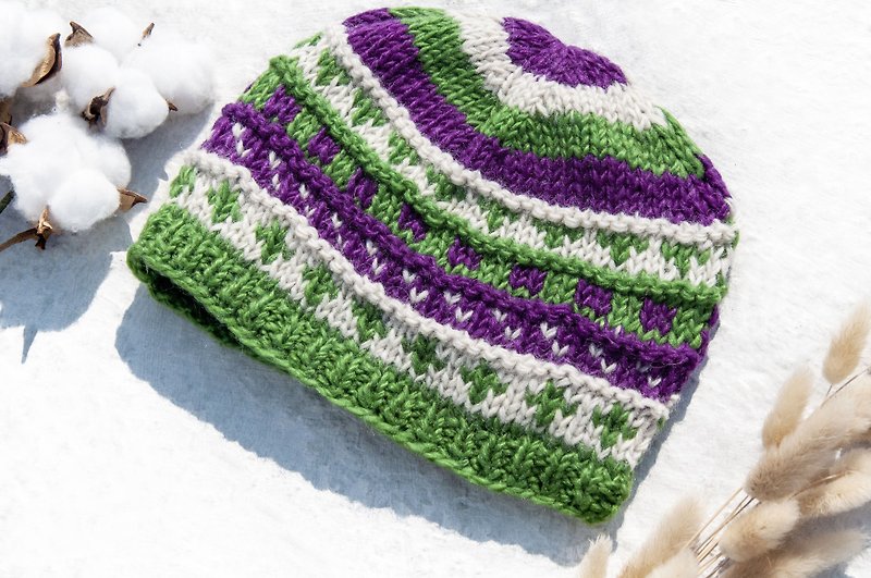 Warm and cold crocheted hat, knitted hat, hand-knitted pure wool hat/knitted knitted hat/inner bristled hand-knitted hat/wool hat, birthday gift exchange gift, mother's day christmas-grape matcha - Hats & Caps - Wool Multicolor