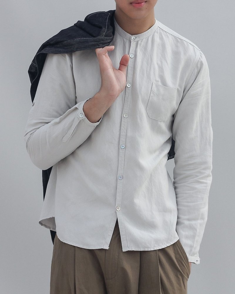 Stand Collar Linen Shirt - เสื้อเชิ้ตผู้ชาย - กระดาษ สีกากี