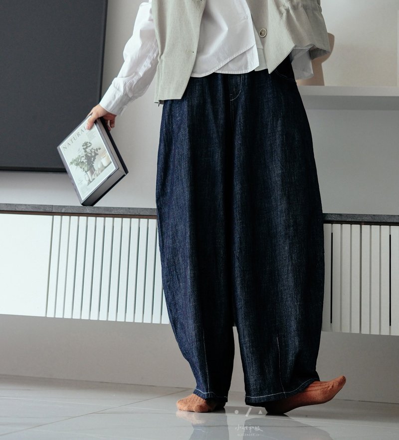 棉麻感新生活夥伴繭型寬褲 - 女長褲 - 棉．麻 藍色