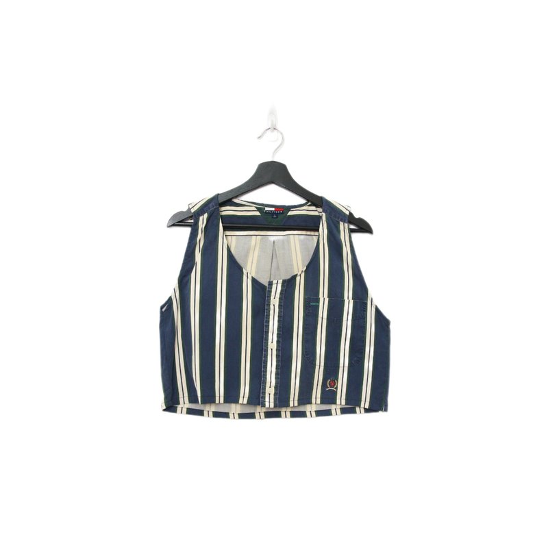 Back to Green-再製水洗丹寧條紋背心 深藍色 tt-08 vintage vest - 背心/無袖上衣 - 棉．麻 