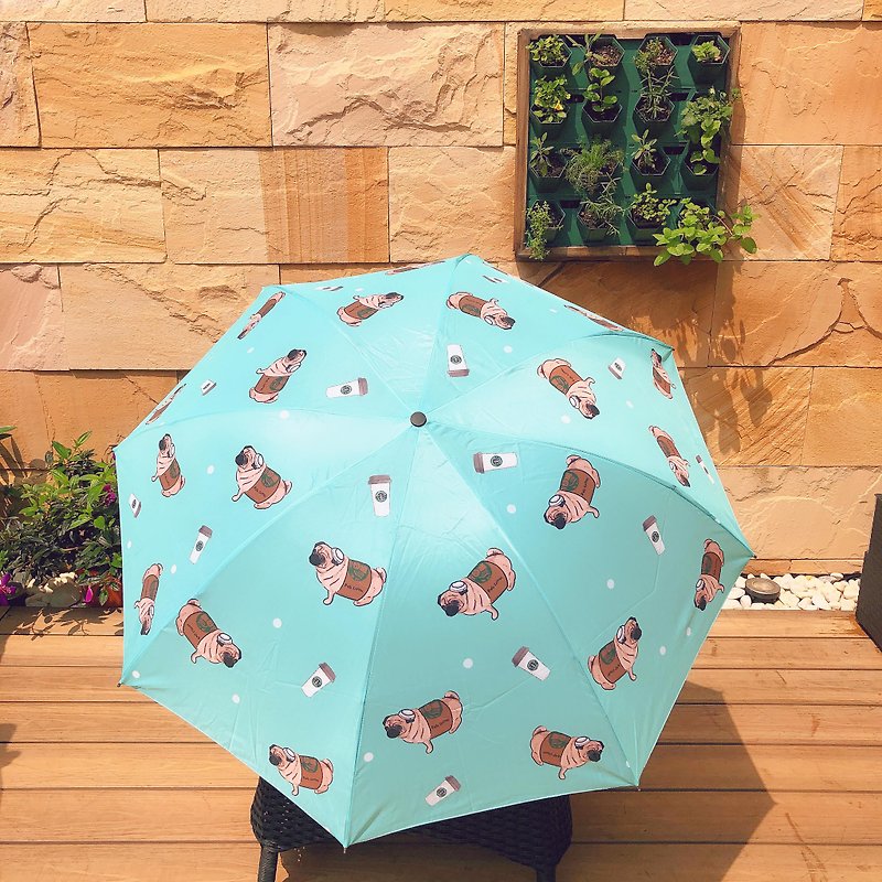 Coffee cup, pug, tri-fold umbrella, light blue - ร่ม - วัสดุกันนำ้ สีน้ำเงิน