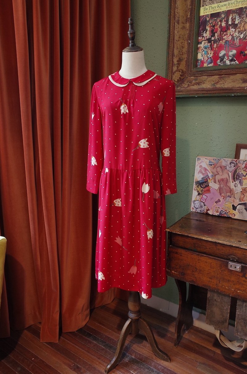 vintage dress 紅色雙層小翻領印花連衣裙古著裙子 - 連身裙 - 棉．麻 
