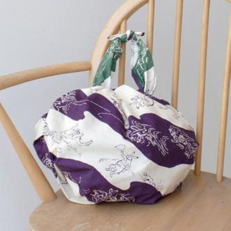 Kyoto Furoshiki Wrap-Three Towels-Bird and Beast Play Painting (Purple & Green) - Handkerchiefs & Pocket Squares - Cotton & Hemp 