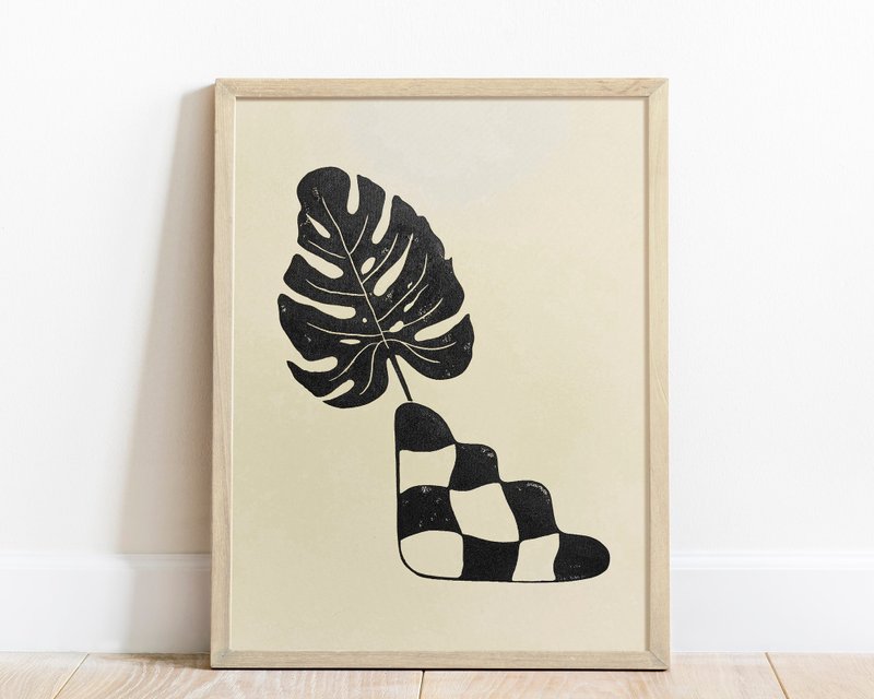 Checkered Vase with Monstera Leaf Linocut Print Original Artwork Bedroom Art - Wall Décor - Paper Black