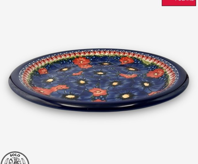 ポーランドの手描き陶器 - 丸皿 26cm 赤とブルーFanghua