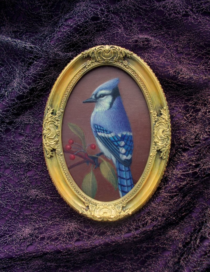 Blue jay bird painting framed Gift idea Mini art Vintage style Ready to hang - ตกแต่งผนัง - วัสดุอื่นๆ หลากหลายสี