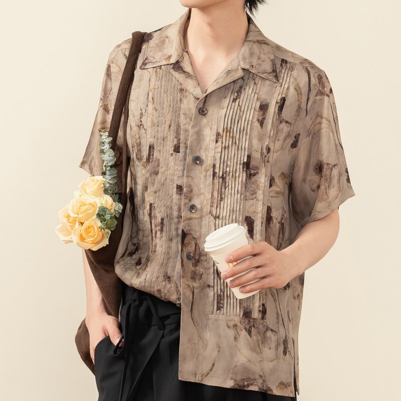 [Hidden Flower] Woodland Retro Botanical Floral All-Over Print Accordion Pleat Short-Sleeve Shirt - Men's Shirts - Other Materials Brown