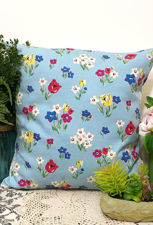 hazelnut 北歐田園風格淺藍色彩色花花圖案抱枕靠枕靠墊枕套