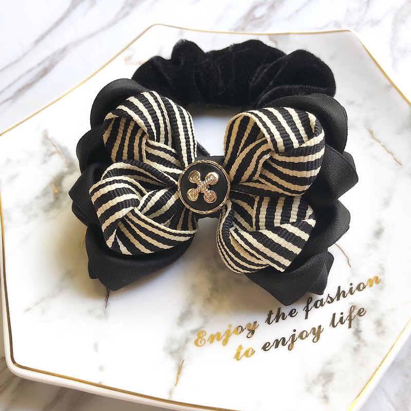 Classic black and white multi-layer bow large intestine ring - Hair Accessories - Other Materials Black