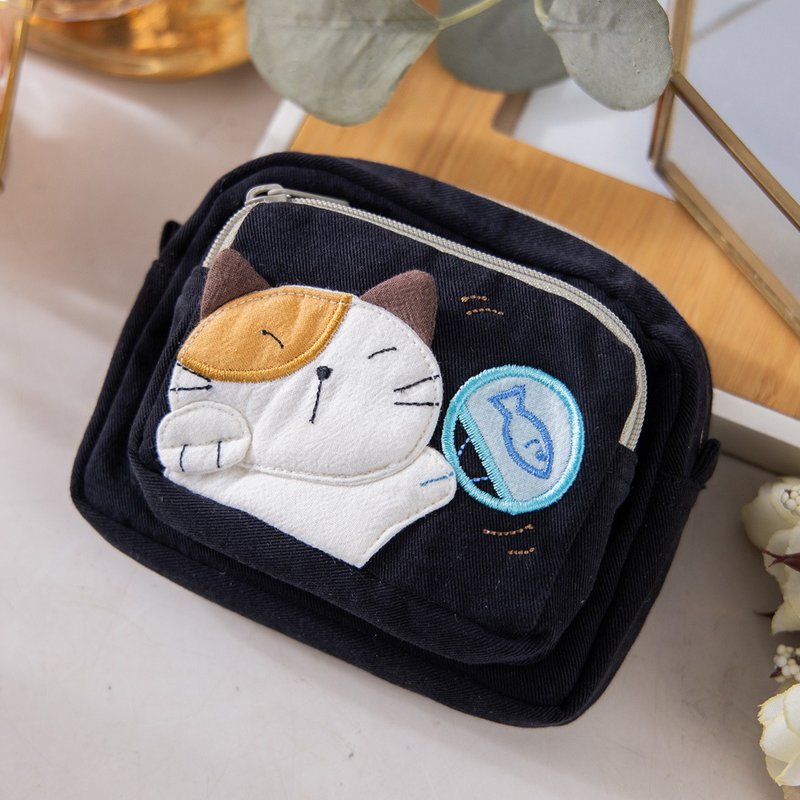 Kiro cat double-layer zipper coin purse/miscellaneous bag/small items storage bag [820310] - กระเป๋าสตางค์ - ผ้าฝ้าย/ผ้าลินิน สีดำ