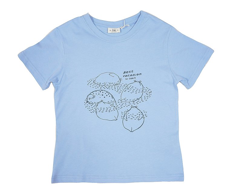 Organic Cotton T-Shirt - Girl Edition - Blue Seal Holiday - เสื้อยืดผู้หญิง - ผ้าฝ้าย/ผ้าลินิน สีน้ำเงิน