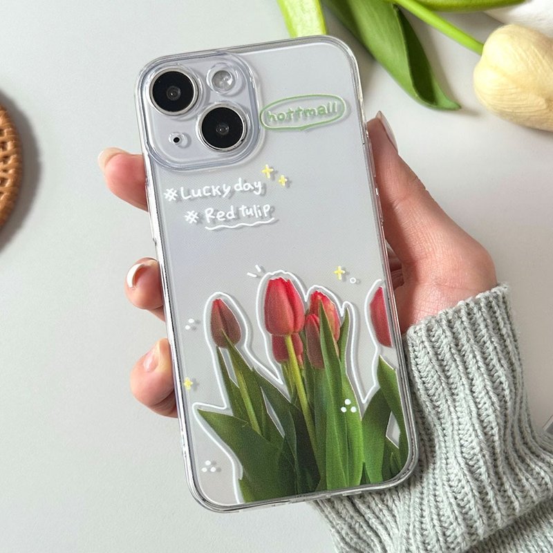 iPhone 16/15/14/13/12/11/XS/XR/7/8/SE2/SE3 Red tulip Transparent Phone Case - 手機殼/手機套 - 塑膠 多色