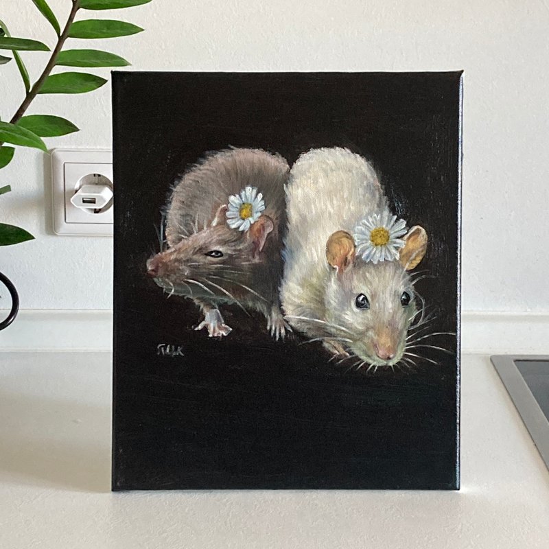 Animal Painting Original Oil Painting On Canvas Rat Painting Cute Artwork Signed - ตกแต่งผนัง - ผ้าฝ้าย/ผ้าลินิน สีนำ้ตาล