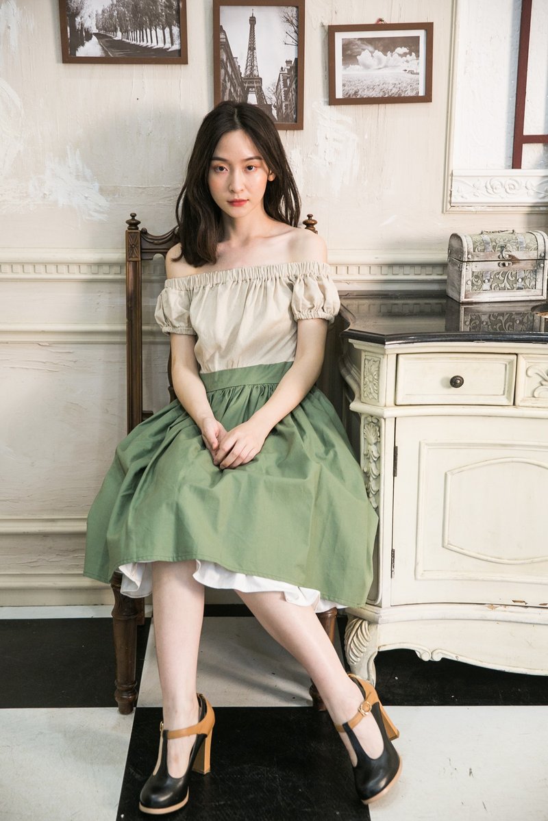 Mark's Wizard of Oz two-color Linen one-neck swoosh skirt dress - ชุดเดรส - ผ้าฝ้าย/ผ้าลินิน สีเขียว