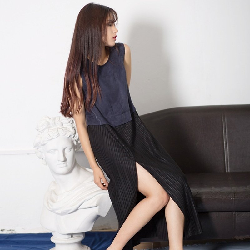 Annie Chen Jin ink original design Love 2016 summer new solid color stitching sleeveless dress sexy dresses - กระโปรง - ผ้าฝ้าย/ผ้าลินิน สีน้ำเงิน
