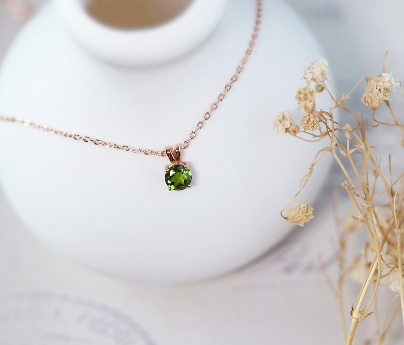 High Quality - Green Diopside 5mm Sterling Silver Rose Gold Plated Necklace - Short Chain - Gemstone - สร้อยคอ - โรสโกลด์ สีเขียว