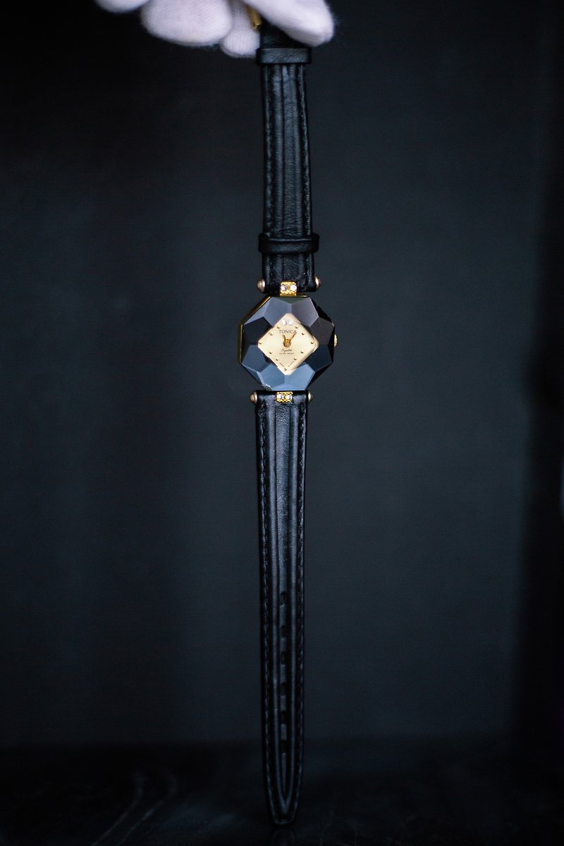 (Sold Out) TONICA Octagonal 18K Gold Plated Black Three-dimensional Cut Leather Strap Antique Watch - นาฬิกาผู้หญิง - วัสดุอื่นๆ สีดำ
