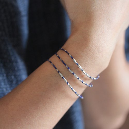 Stories of silver and silk Diamond shape silver beads with dark blue lapis lazuli bracelet (B0021)