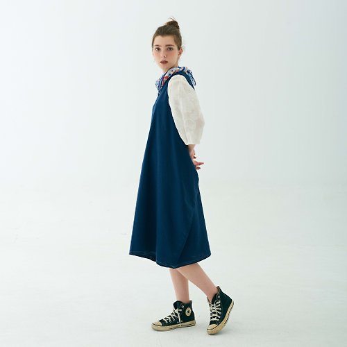MAM HANDS STUDIO 直身連衣裙|大口袋|日系洋裝|藏藍背心裙|牛仔藍背心裙|少女學院|