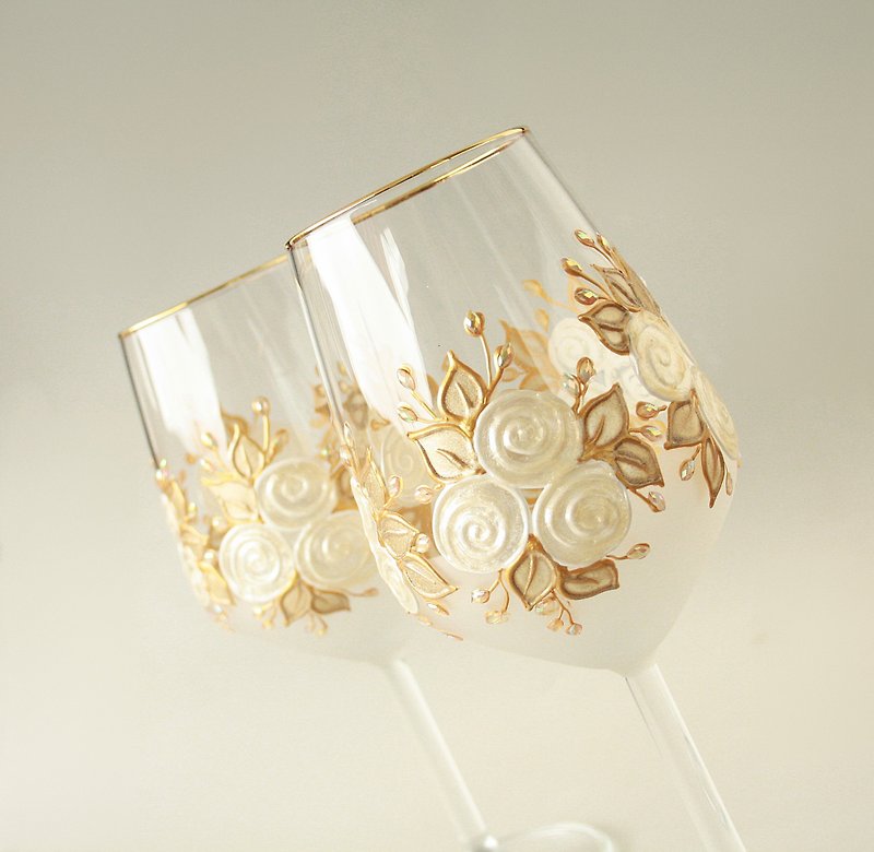Wedding Glasses Wine White Roses Gold, Hand-painted, set of 2 - 酒杯/酒器 - 玻璃 白色