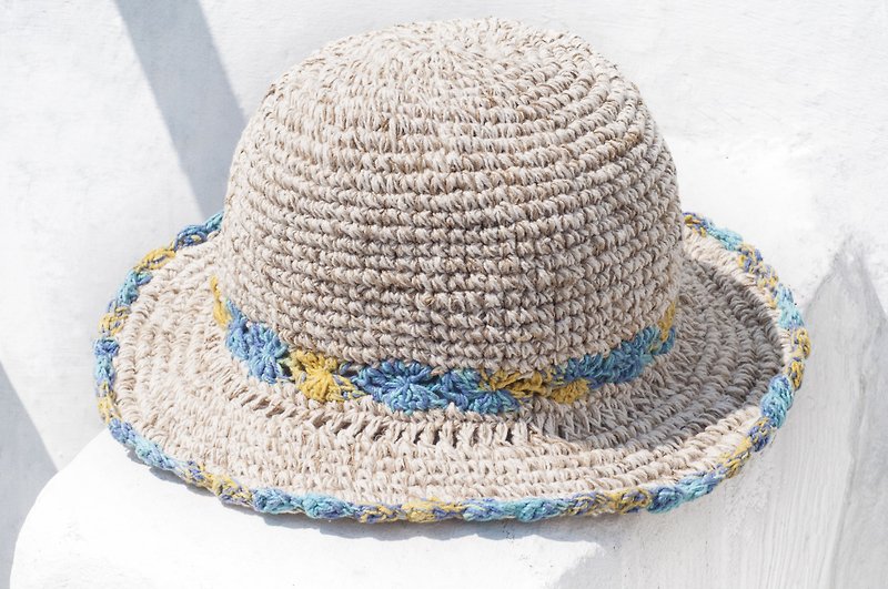Crocheted cotton and linen hat hand-woven hat fisherman hat visor straw hat straw hat - gradient blue yellow flowers - Hats & Caps - Cotton & Hemp Multicolor