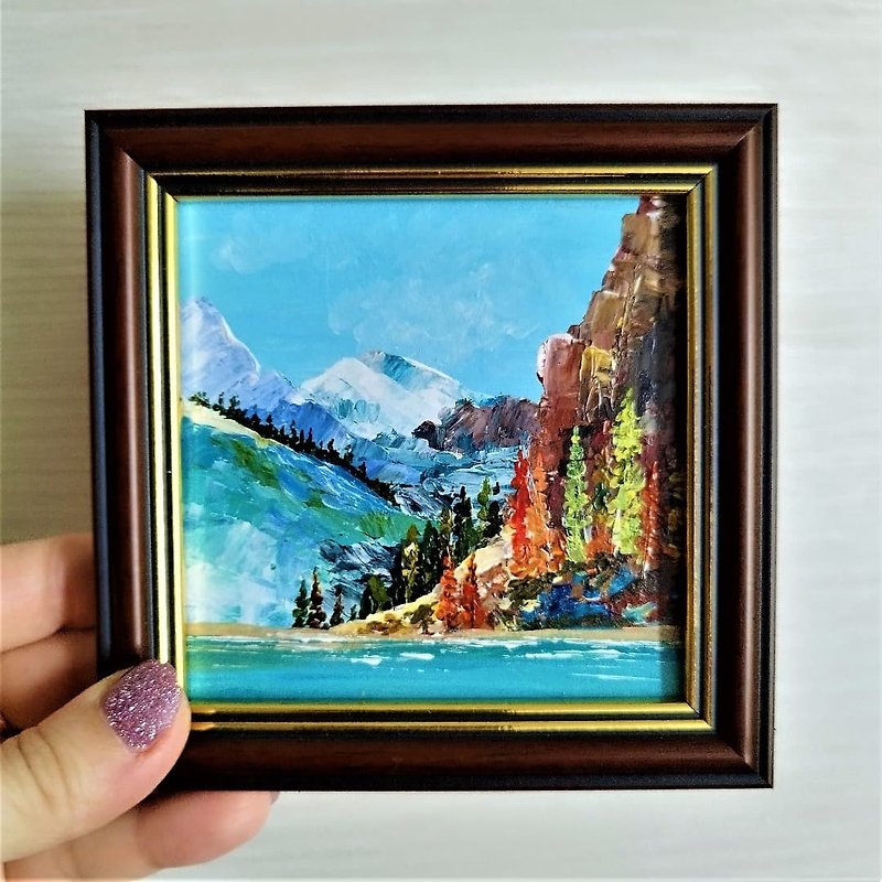 Mini framed picture with a mountain lake / Mountain landscape painting - Wall Décor - Acrylic Multicolor