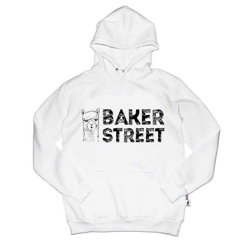 【英國Baker Street 貝克街】中性款 - 高磅數長袖帽T - 羊駝文字 - 帽T/大學T - 棉．麻 白色