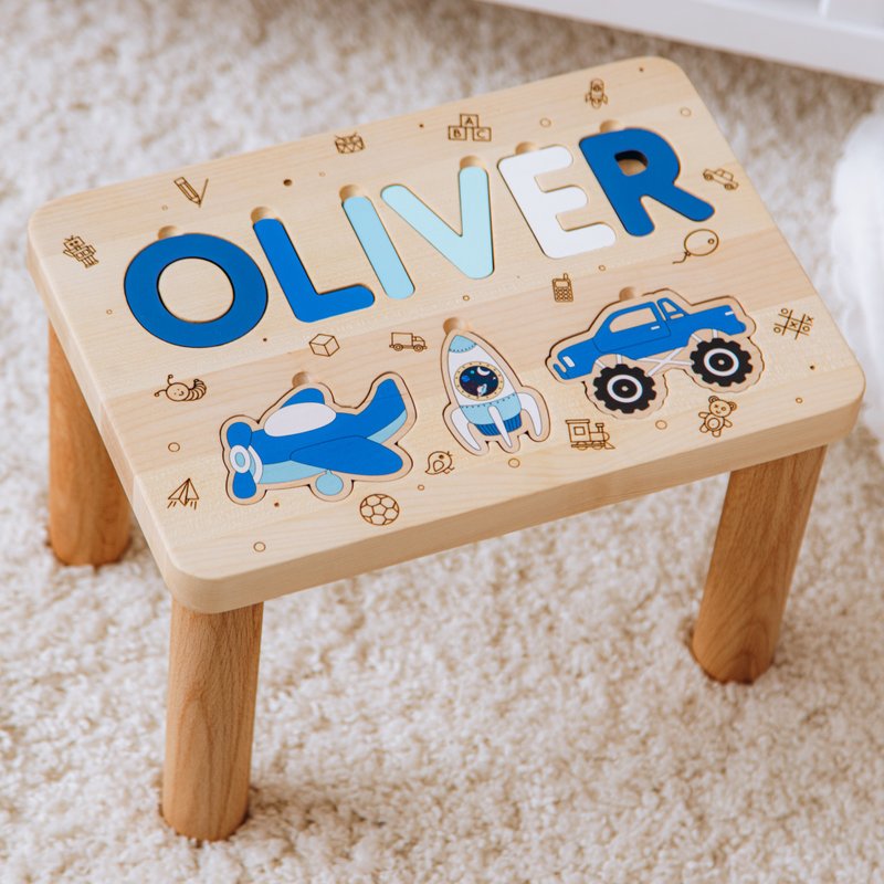 Personalized Name Puzzle Stool, Toddler Step Stool, 1 2 3 Year Old Gift - Kids' Furniture - Wood 