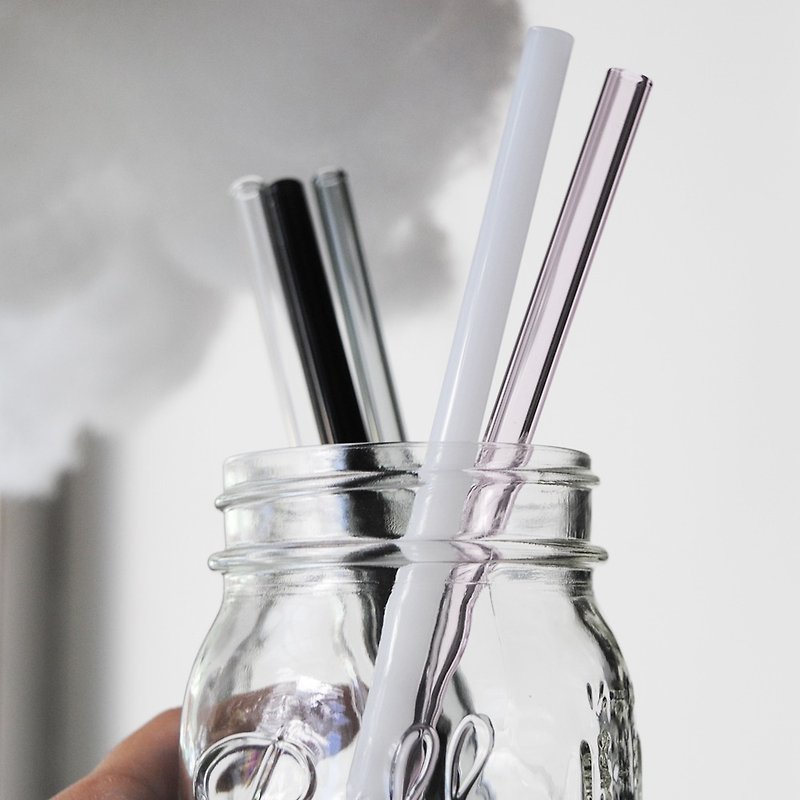 20cm (caliber 0.8cm) flat rainbow heat-resistant glass straw (with cleaning brush) - Beverage Holders & Bags - Glass Pink