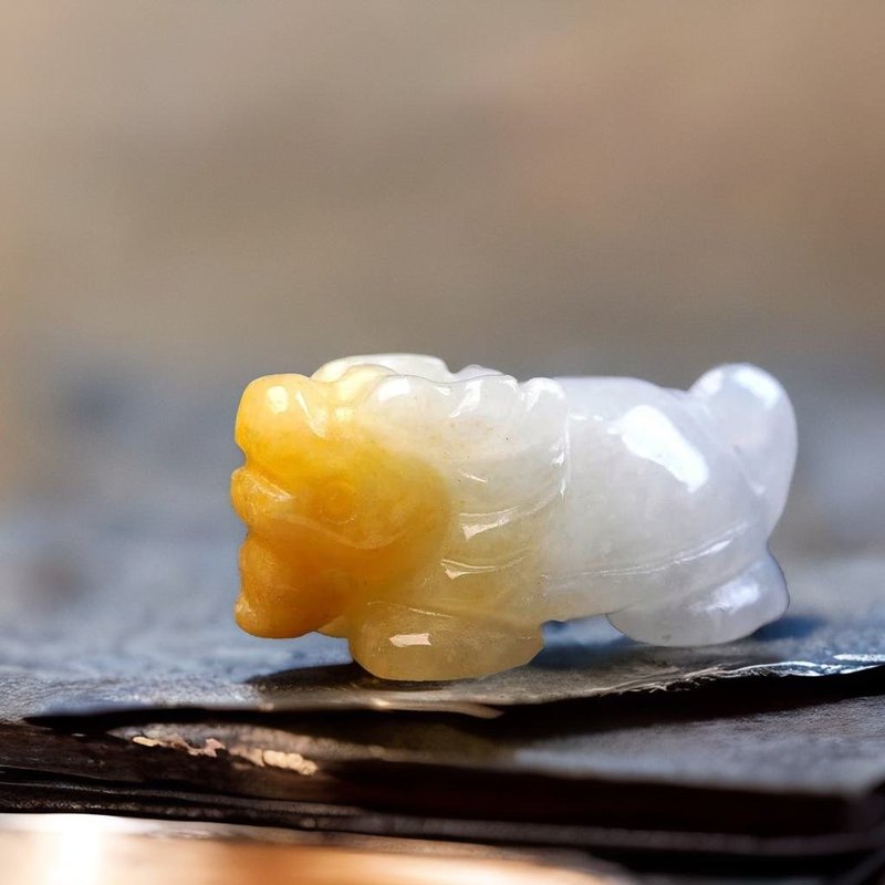冰種飄黃翡翠龍龜 | 天然緬甸玉翡翠A貨 | 送禮 - 項鍊 - 玉石 黃色