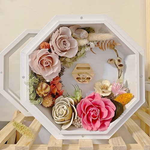 花訴花藝工坊 八角型玻璃木製永生花盒-戒指盒-磁吸玻璃花盒
