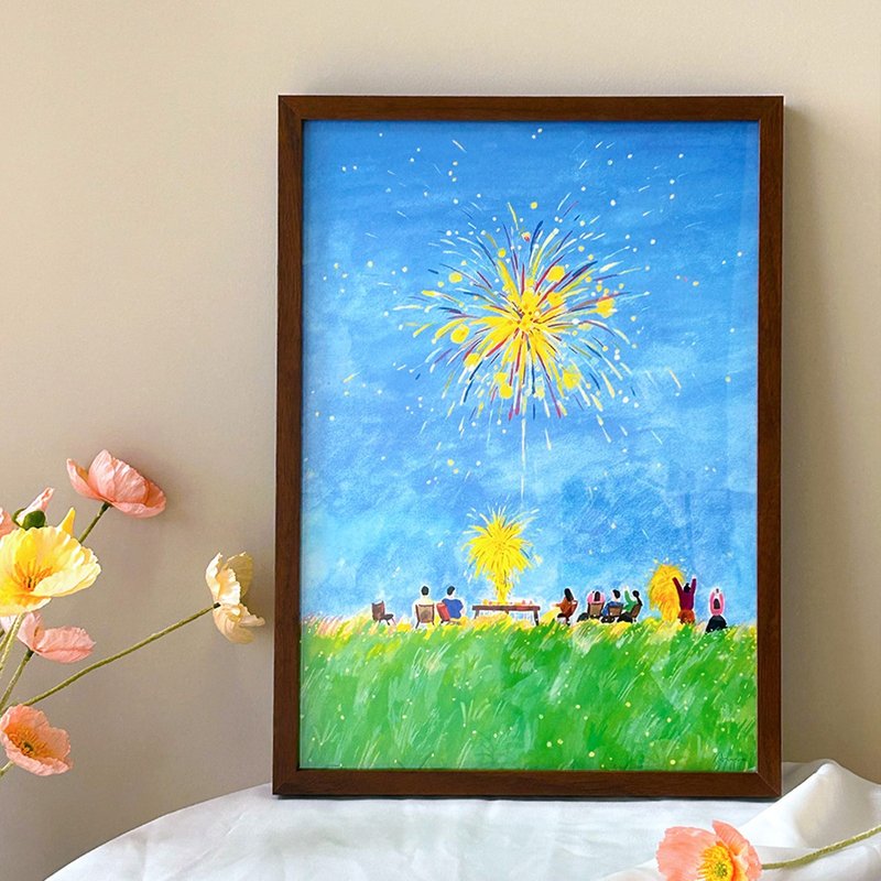 Grassland Fireworks A3 Decorative Painting Living Room Study Hanging Painting - Posters - Paper Blue