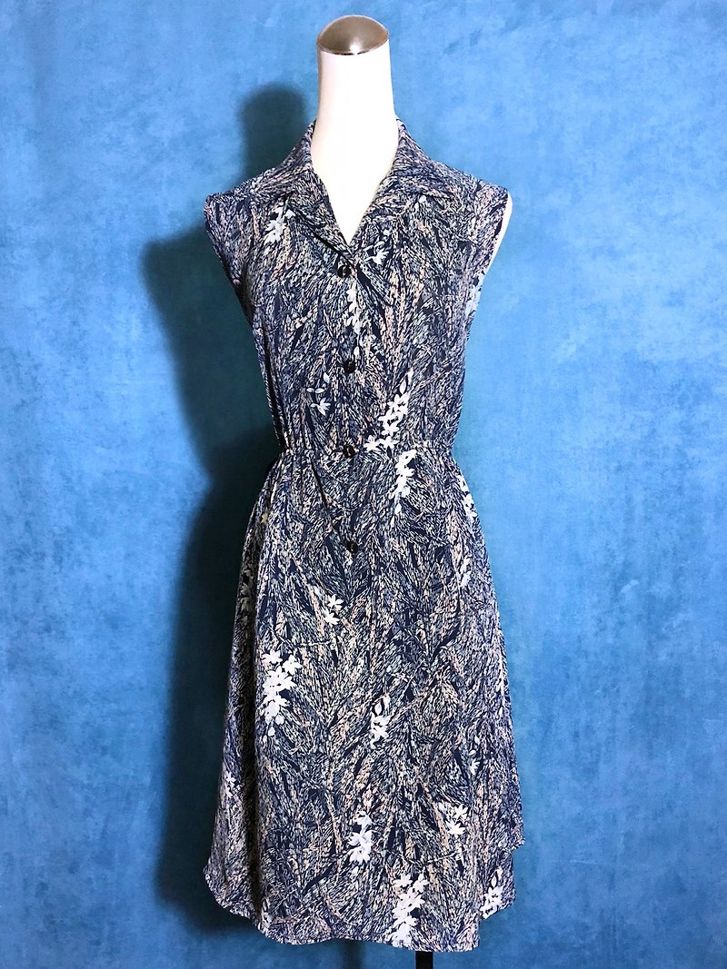 Print Flower Chiffon Sleeveless Vintage Dress / Bring back VINTAGE abroad - ชุดเดรส - เส้นใยสังเคราะห์ สีน้ำเงิน