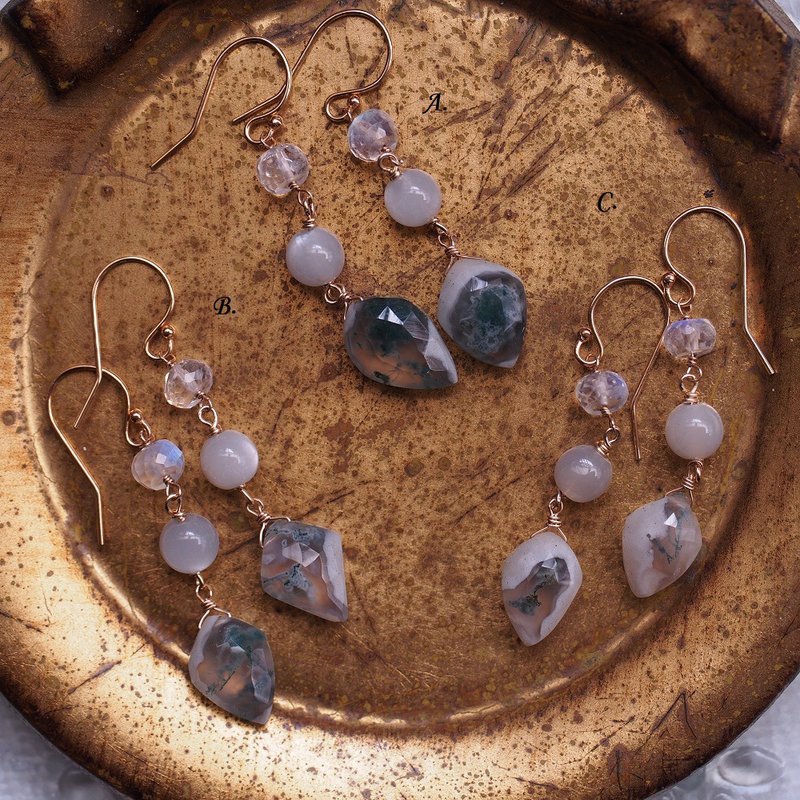 14KGF 苔紋瑪瑙 灰月光石 藍月光石 耳環 Moss Agate earrings - 耳環/耳夾/耳骨夾 - 半寶石 灰色