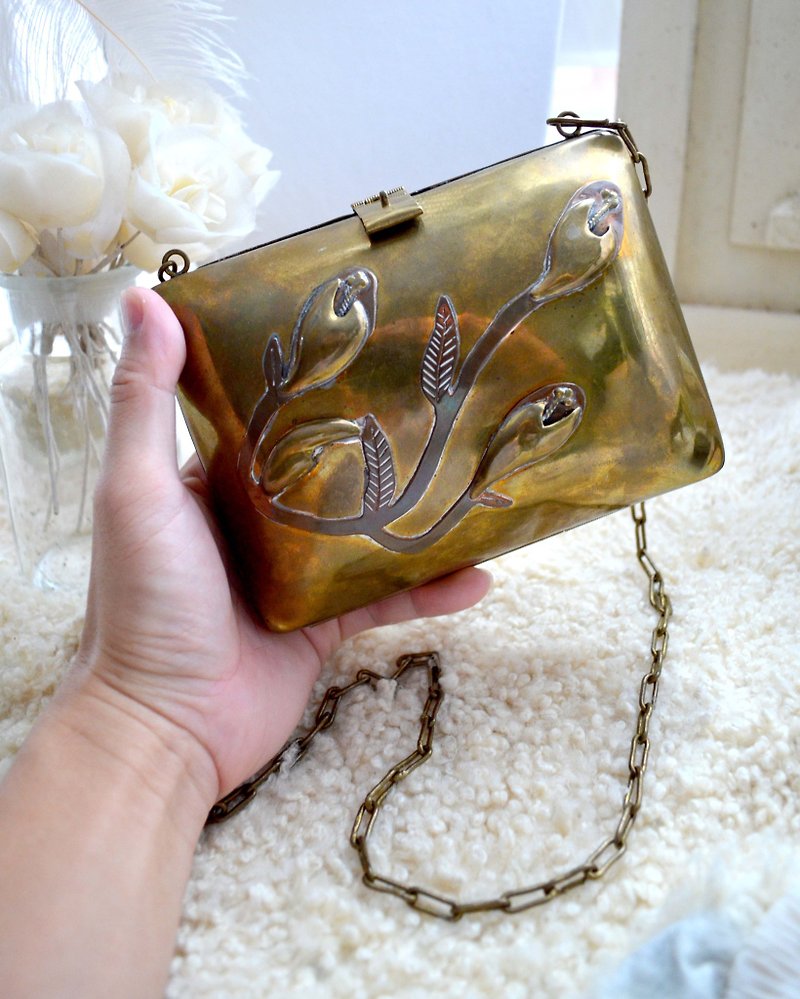 American antique Bronze metal box bag box clutch bag handbag senior Japanese second-hand vintage jewelry - กระเป๋าถือ - ทองแดงทองเหลือง สีทอง