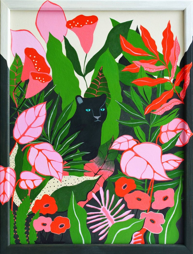 Black Jaguar Original Acrylic Painting 40x30cm Black Leopard Panther Jungle art - Illustration, Painting & Calligraphy - Other Materials Pink