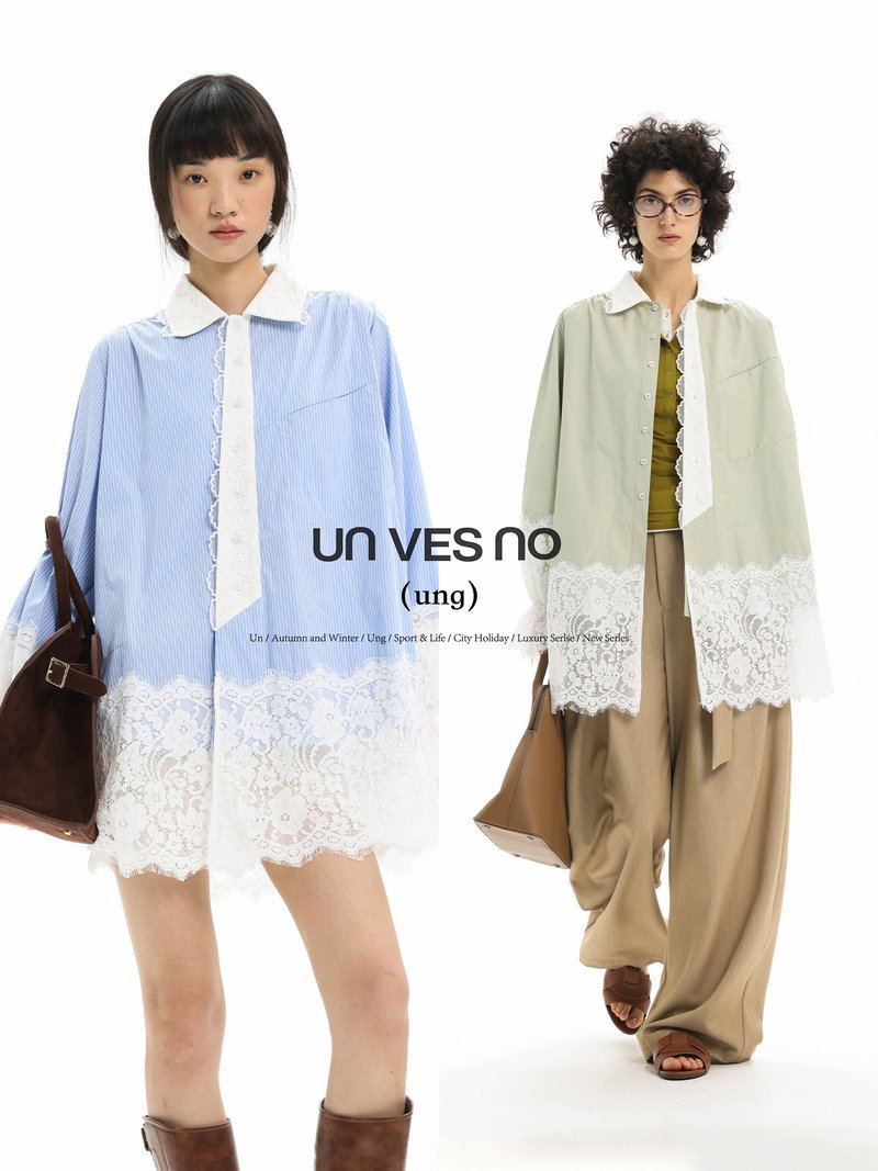 【蕾絲花邊】Unvesno(UN) ung系列慵懶感斜門襟中長款連衣裙襯衫 - 洋裝/連身裙 - 其他材質 