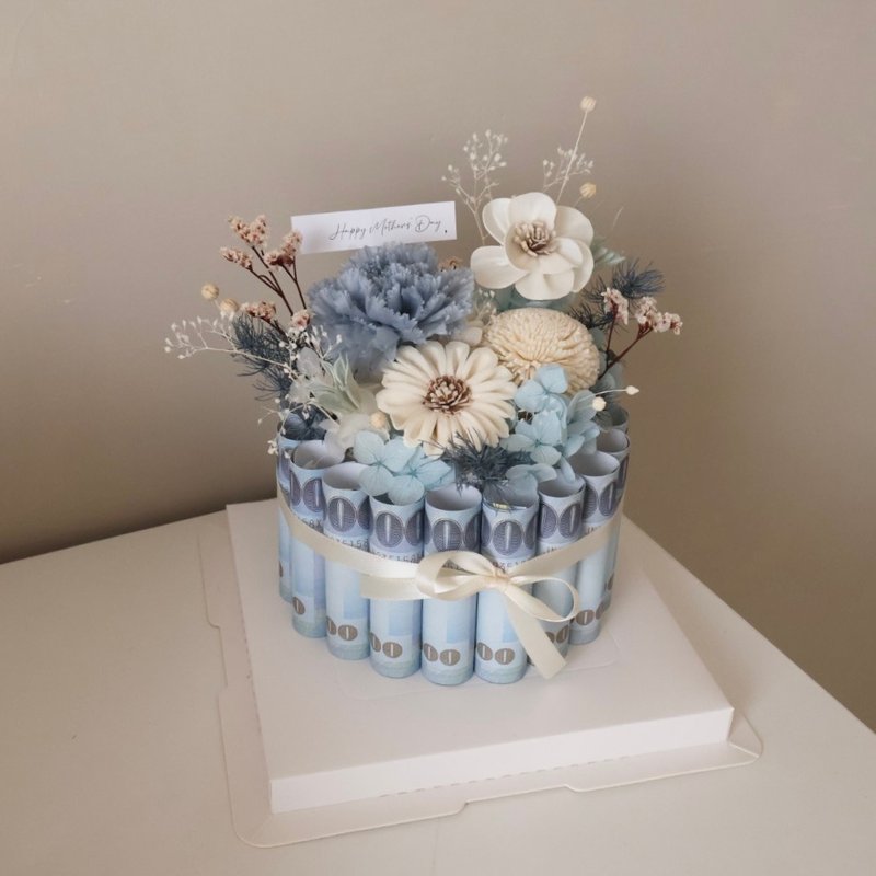 Misty Blue Everlasting Flower Banknote Cake Mother's Day Single Layer Cake Father's Day Birthday Anniversary Opening Gift - ช่อดอกไม้แห้ง - พืช/ดอกไม้ หลากหลายสี