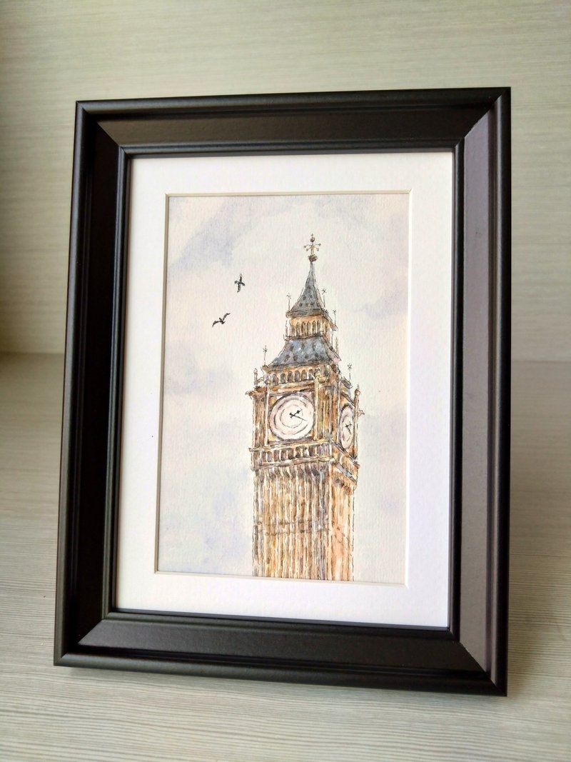 Hand-drawn watercolor landscape (Big Ben) with frame - โปสเตอร์ - กระดาษ ขาว