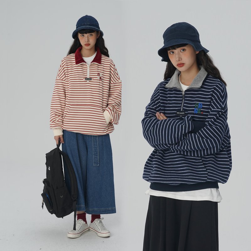 oddmaker日系條紋上衣女春秋2021新款復古百搭寬松套頭polo領衛衣 - 女上衣/長袖上衣 - 棉．麻 