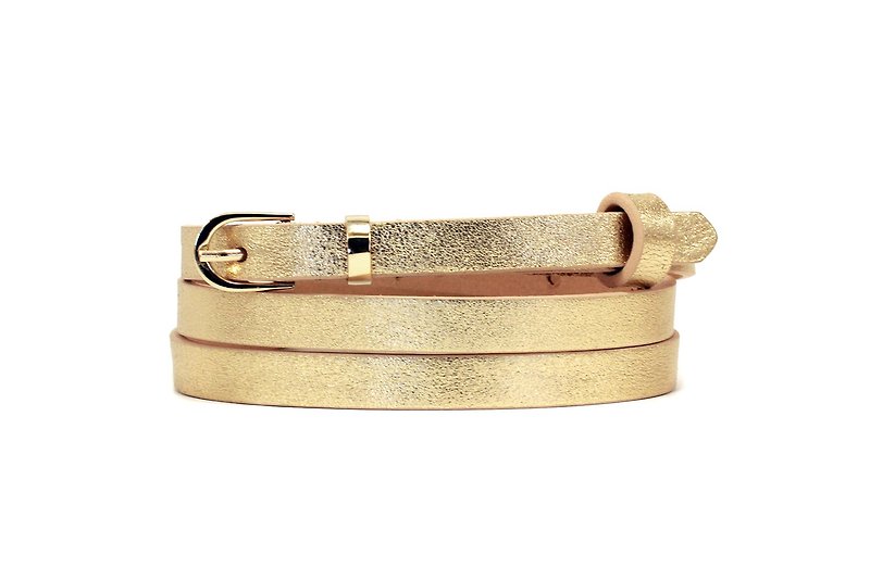 Golden skinny belt, golden women's belt, golden belt, leather belt, thin belt - เข็มขัด - หนังแท้ สีทอง