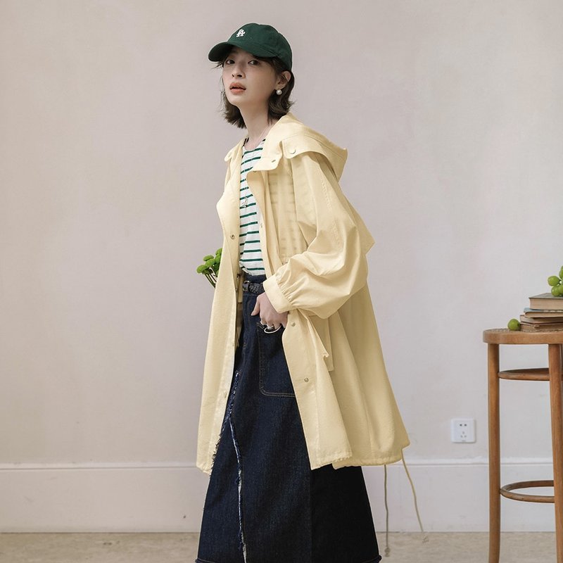 中長款防曬連帽泡泡袖風衣|外套|兩色|春款|Sora-1154 - 女大衣/外套 - 聚酯纖維 多色