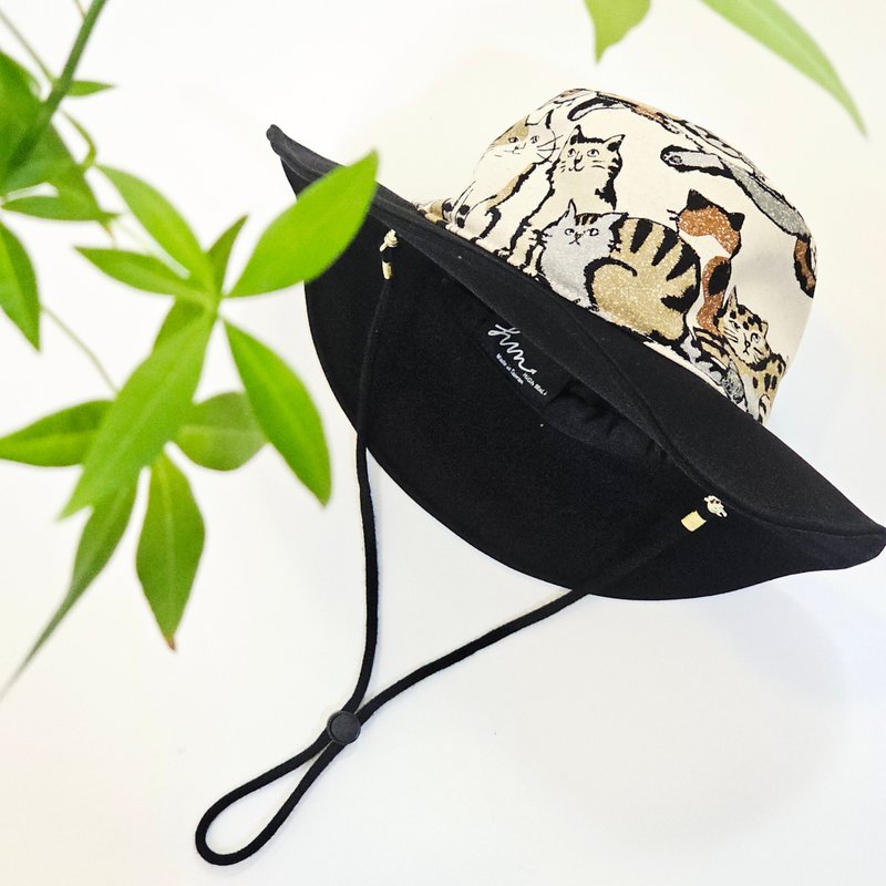 【HiGh MaLi 】風格露營帽 | 三花貓#遮陽#大帽簷#日布 - 帽子 - 棉．麻 黑色