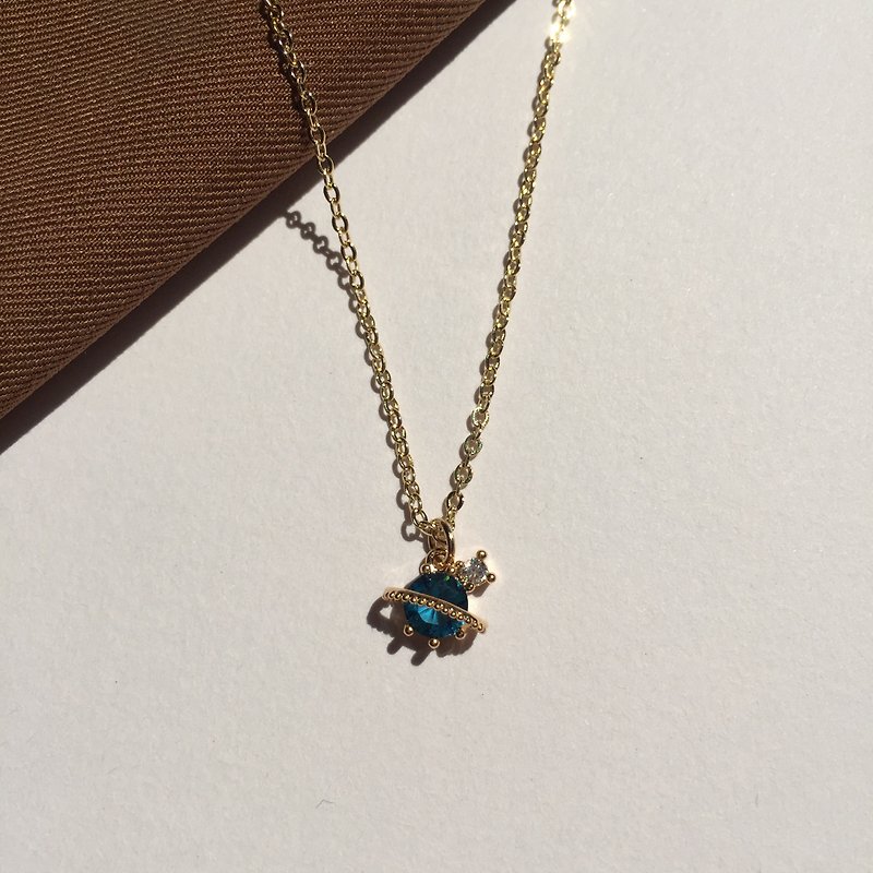 14K gold-plated aquamarine Stone planet necklace clavicle chain 14KGF - สร้อยคอ - เครื่องประดับ สีน้ำเงิน