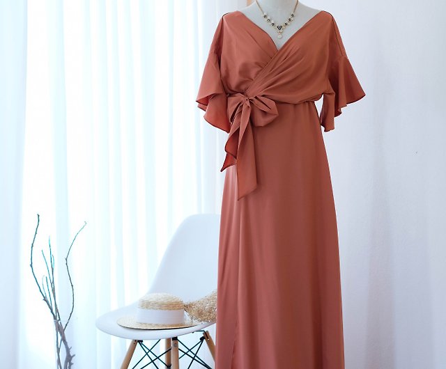 Copper maxi bridesmaid wrap dress Long party burnt orange dress - Shop  KEERATIKA - Evening Dresses \u0026 Gowns - Pinkoi