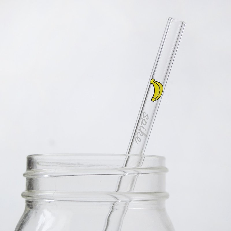 含玻璃雕刻刻字 20cm (口徑0.8cm) 平口 香蕉玻璃吸管(附贈小刷) - 杯袋/飲料提袋 - 玻璃 黃色