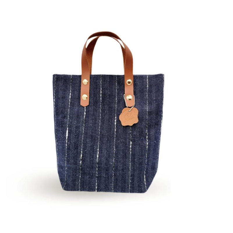 牛仔日本布款牛皮提把小提袋 - 手提包/手提袋 - 真皮 藍色