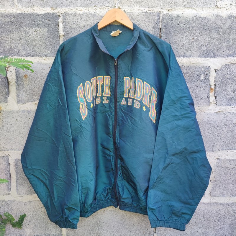 Vintage 90s Surf Style South Padre Island Iridescent Windbreaker jacket - 男夾克/外套 - 棉．麻 綠色